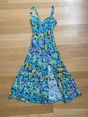 Zara Blue Low-Cut Floral Midi Dress with Slit